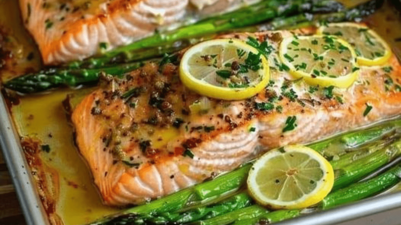 Baked Salmon in Foil with Asparagus and Lemon Garlic Butter Sauce Recipe